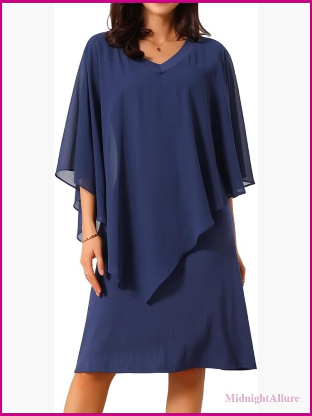 3/4 Sleeve V-Neck Chiffon Cape Overlay Pencil Dress